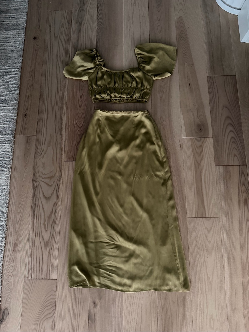 SABO Olive Satin Maxi Skirt and Puff-Sleeve Crop Top Set